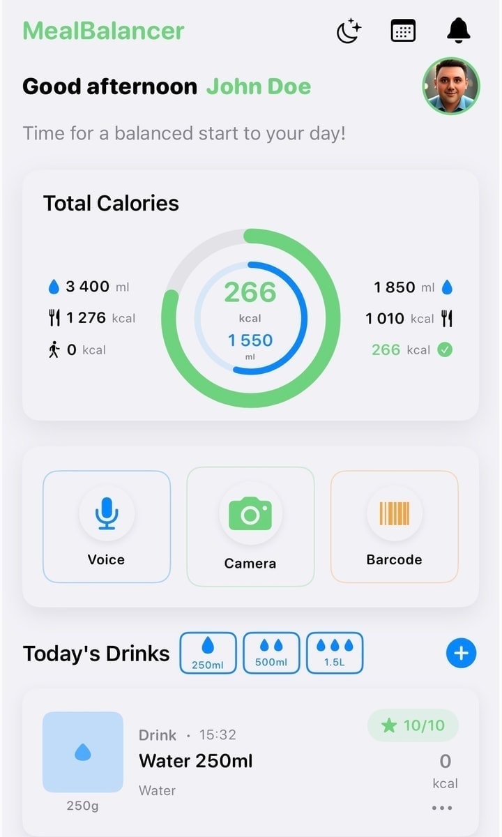 MealBalancer app screenshot showing the home screen with calorie tracking, meal entries, and navigation